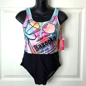 Justice Girls Bazooka Bubble Gum One-Piece Swimsuit Zip Front NWT